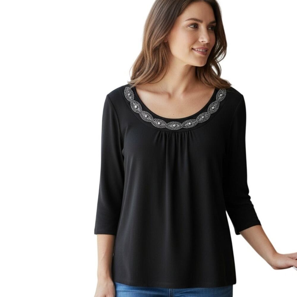 Dana Bachman Beaded Studded Crepe Top Womens Small Black Blouse